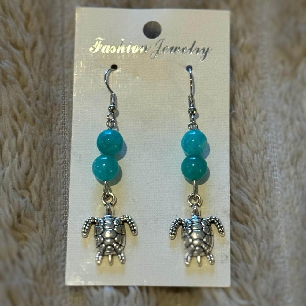 Silver and Blue Turtle Dangle Earrings